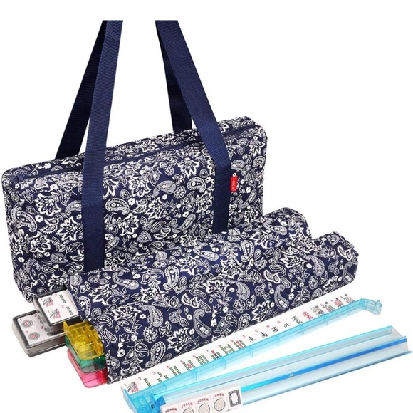 Mahjong Game Set with Blue & White Pattern Tote Bag, Tile Bags & Pusher Covers - Picture 1 of 5